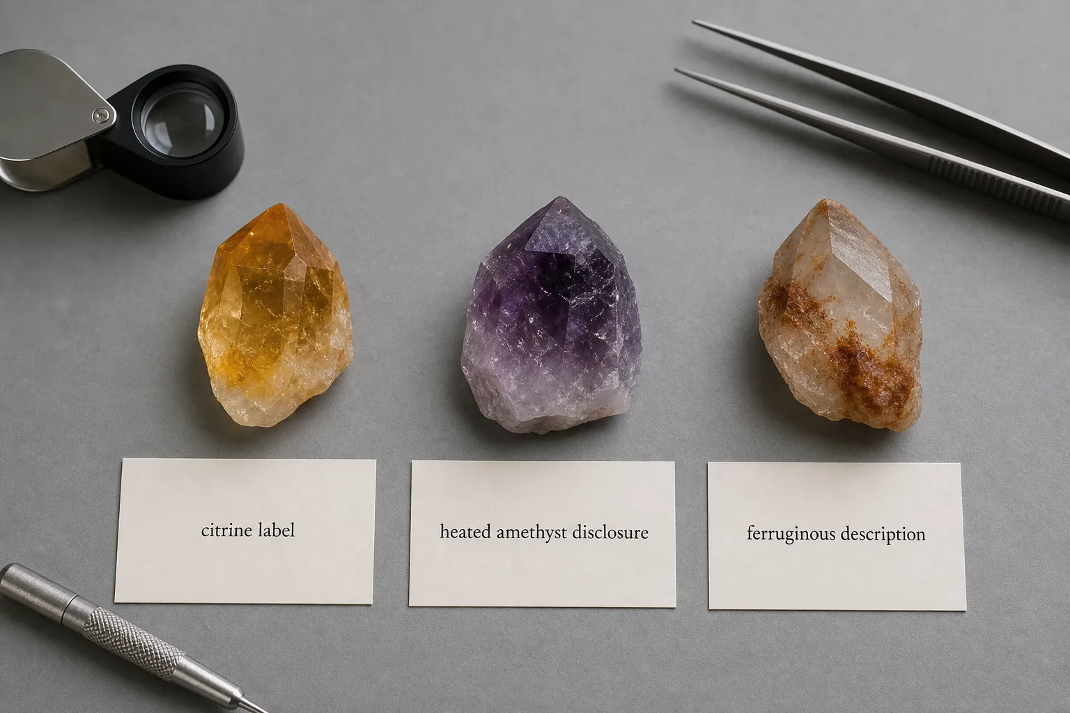 Quartz label comparison showing citrine, heat-treated amethyst, and ferruginous quartz as separate claim types