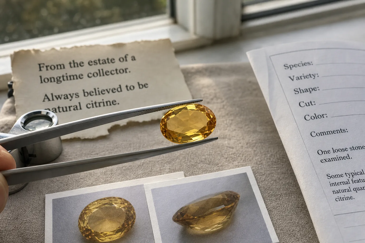 A clean-looking citrine being evaluated beside seller wording, price, photos, and documentation cues