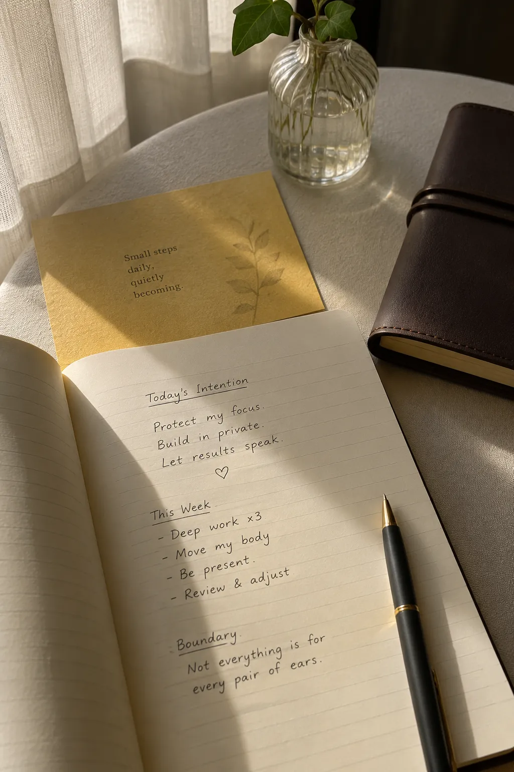 A private notebook page showing a gentle goal note beside a citrine-colored card and a closed journal
