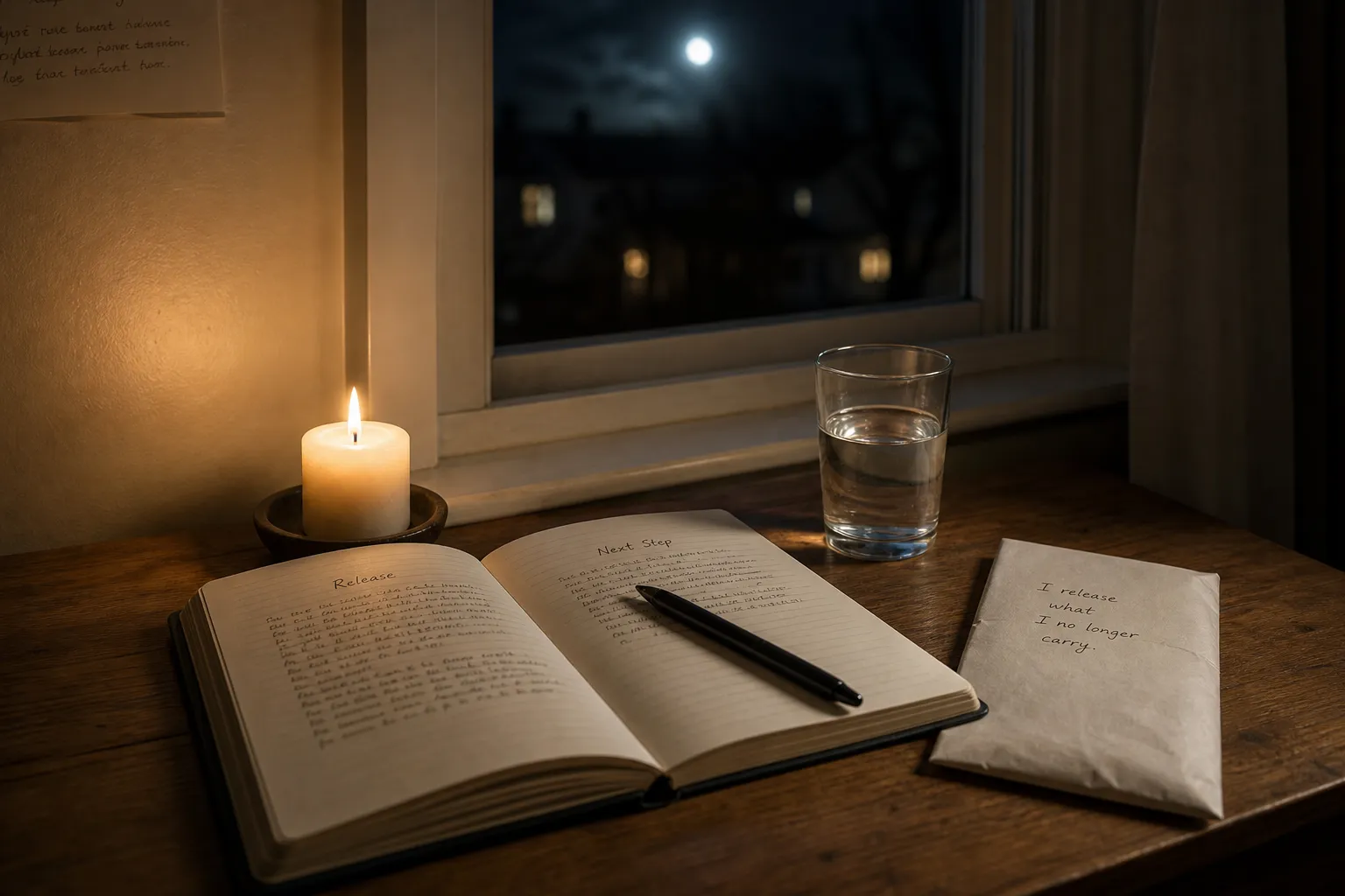 A notebook, candle, water glass, and paper arranged for a grounded full moon reflection ritual