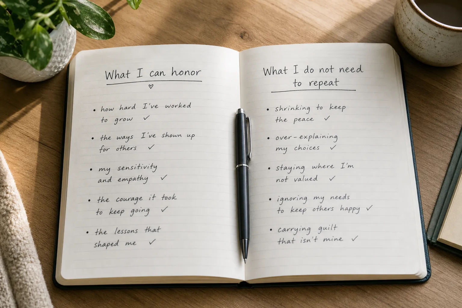 Two handwritten lists separating what can be honored from what does not need to be repeated