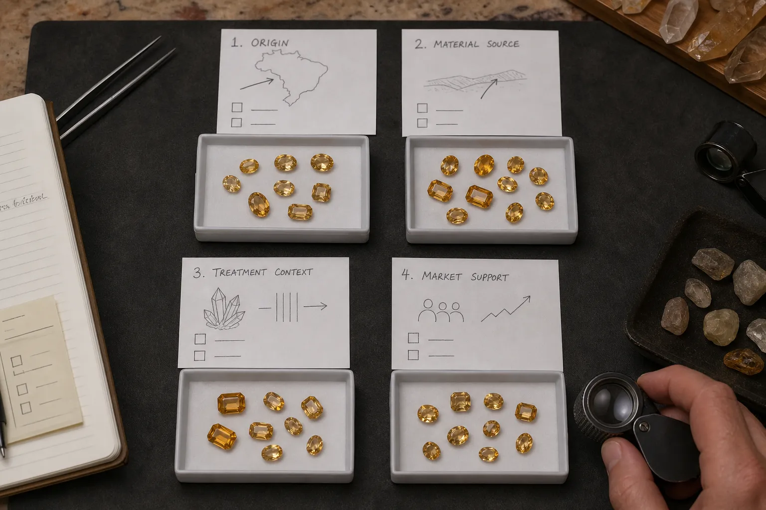 Brazilian citrine sales phrases compared with the evidence each phrase still needs
