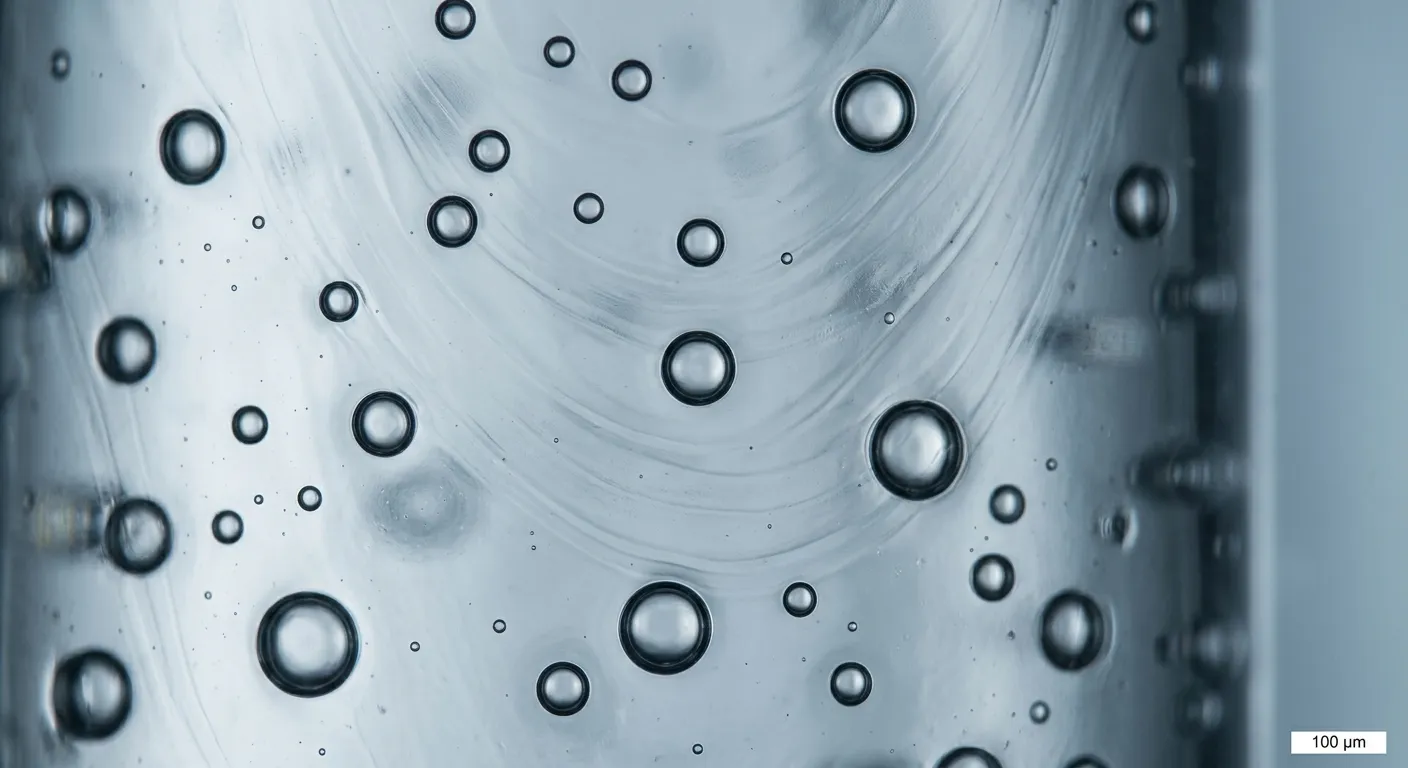 Close-up magnification view showing spherical gas bubbles and swirl marks typical of manufactured glass, presented as a clean laboratory comparison image