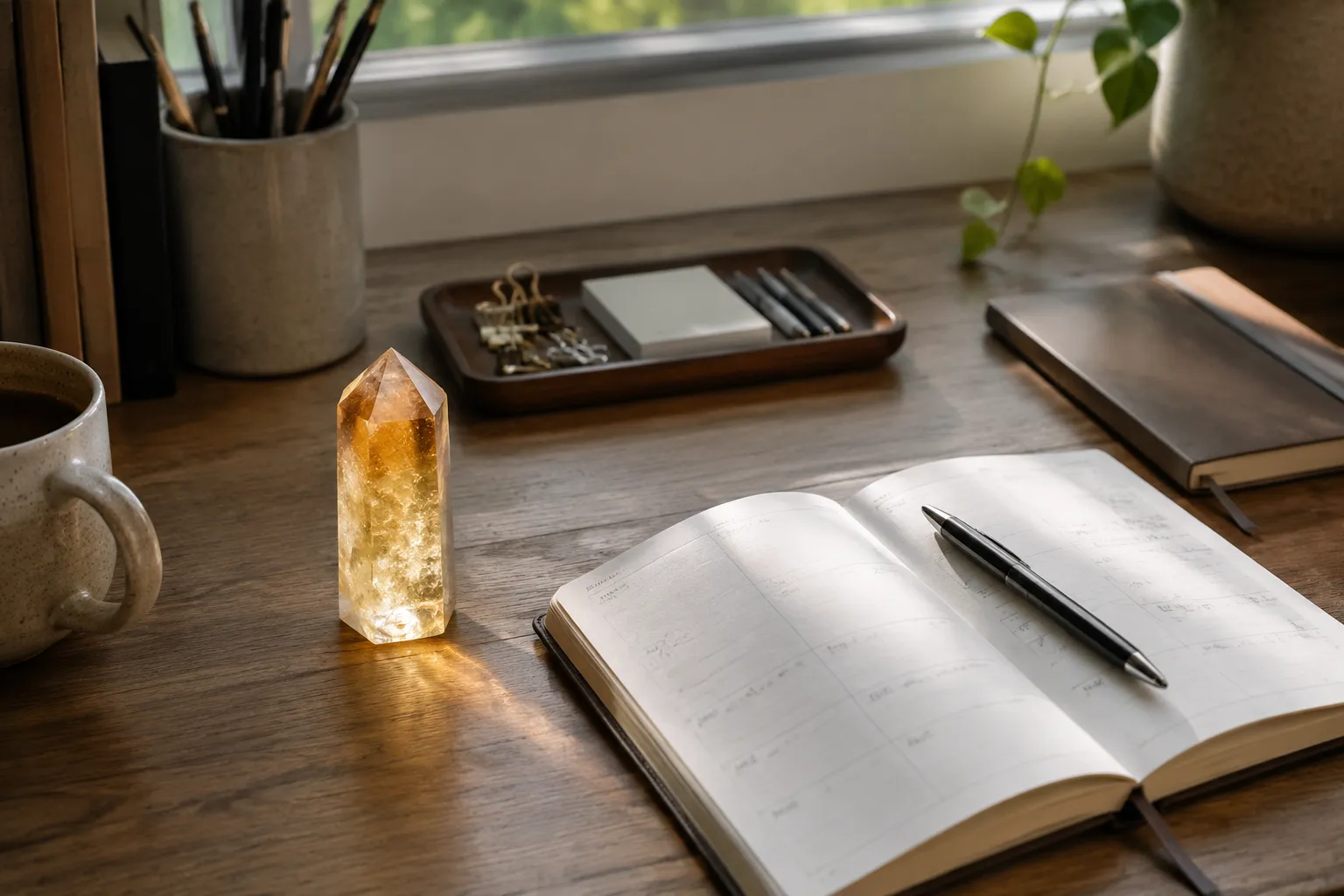 Citrine placed beside a planner as a visible pause cue for a fast-moving Fire Horse year routine
