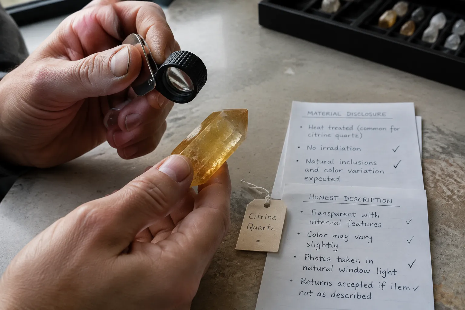 Citrine-colored quartz considered with seller disclosure notes before symbolic room placement