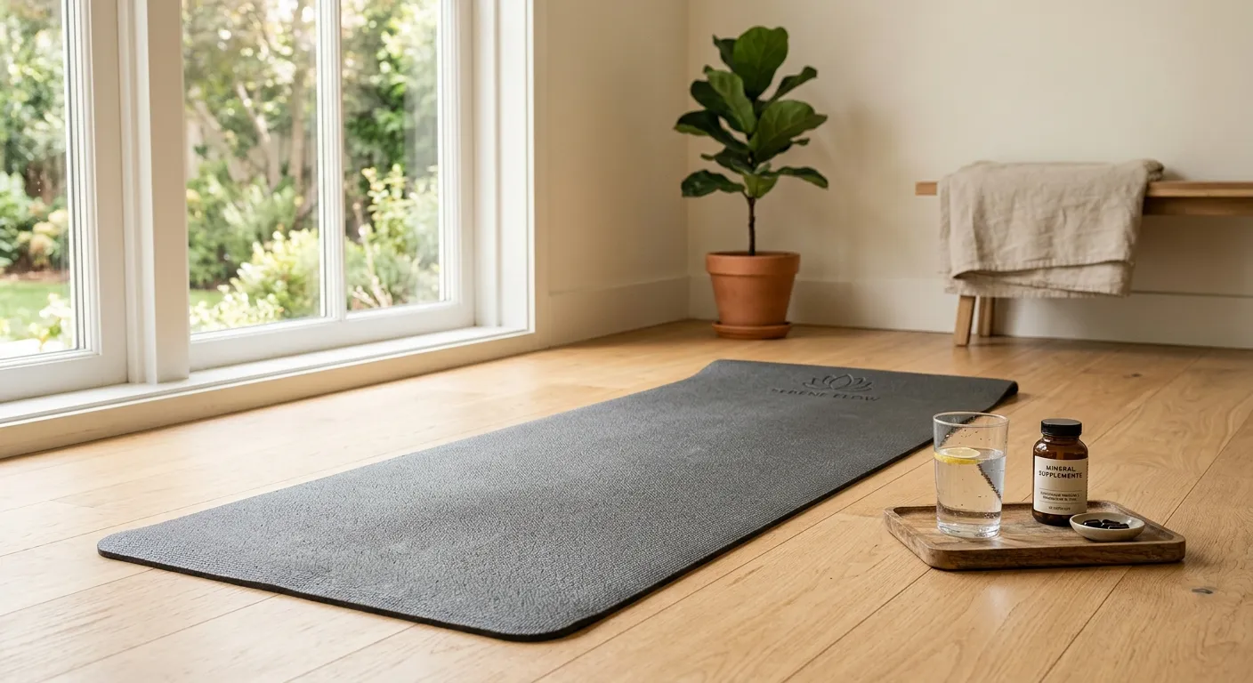 A yoga mat unrolled on a firm floor with mineral supplements