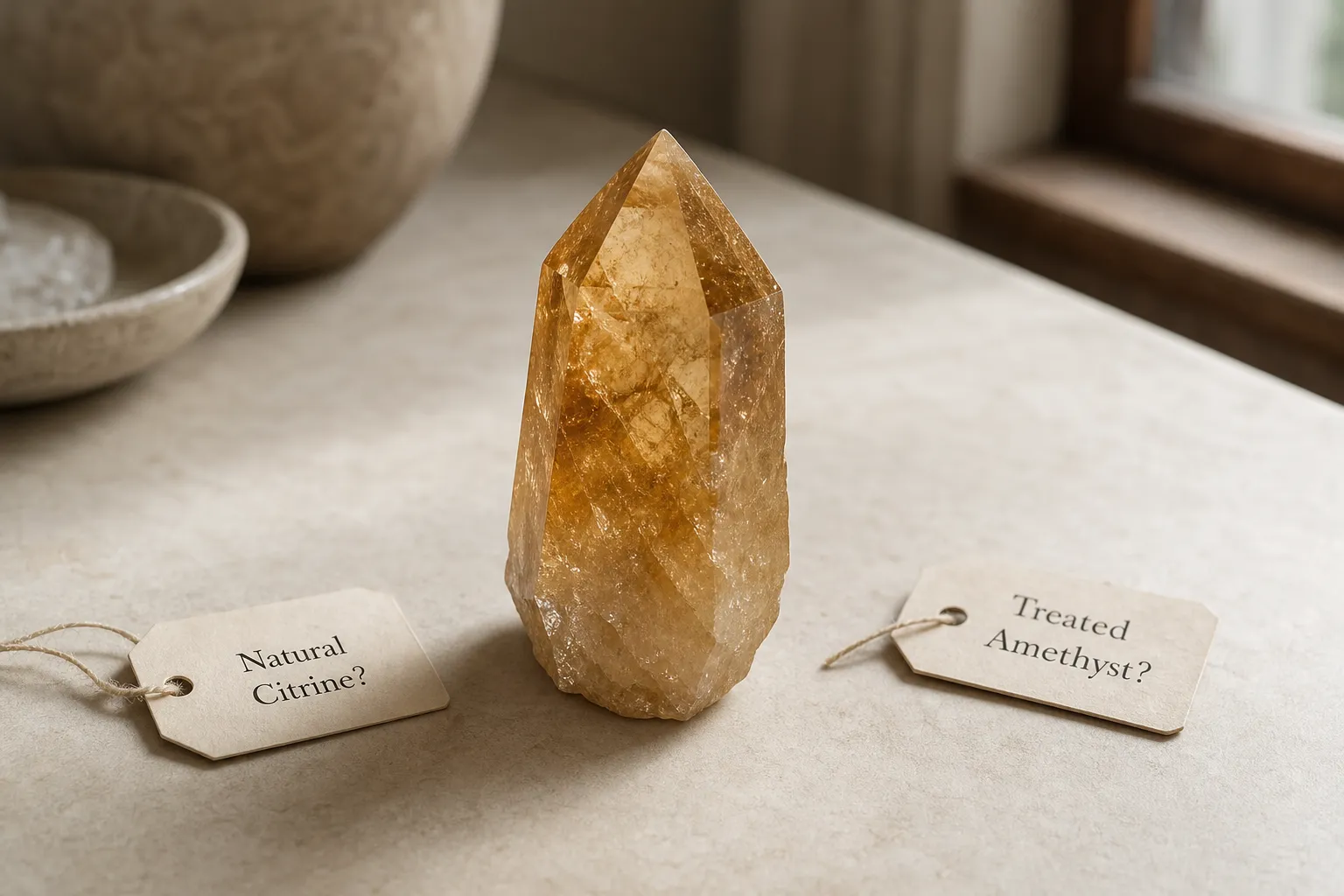 A golden quartz-like stone beside a label question about natural citrine and treated amethyst