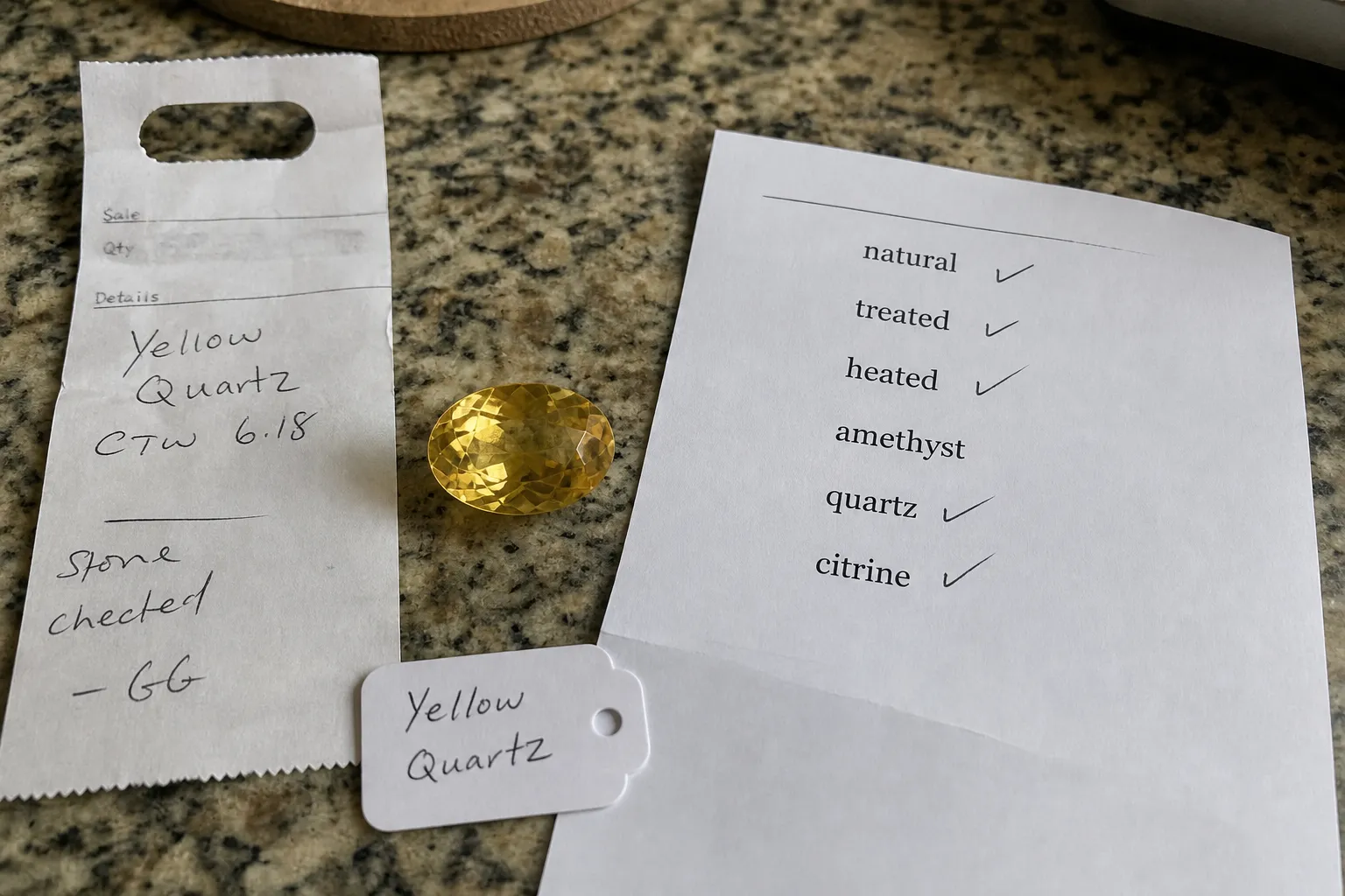A receipt, seller tag, and yellow crystal used to check whether a stone was described as natural, treated, heated, amethyst, quartz, or citrine