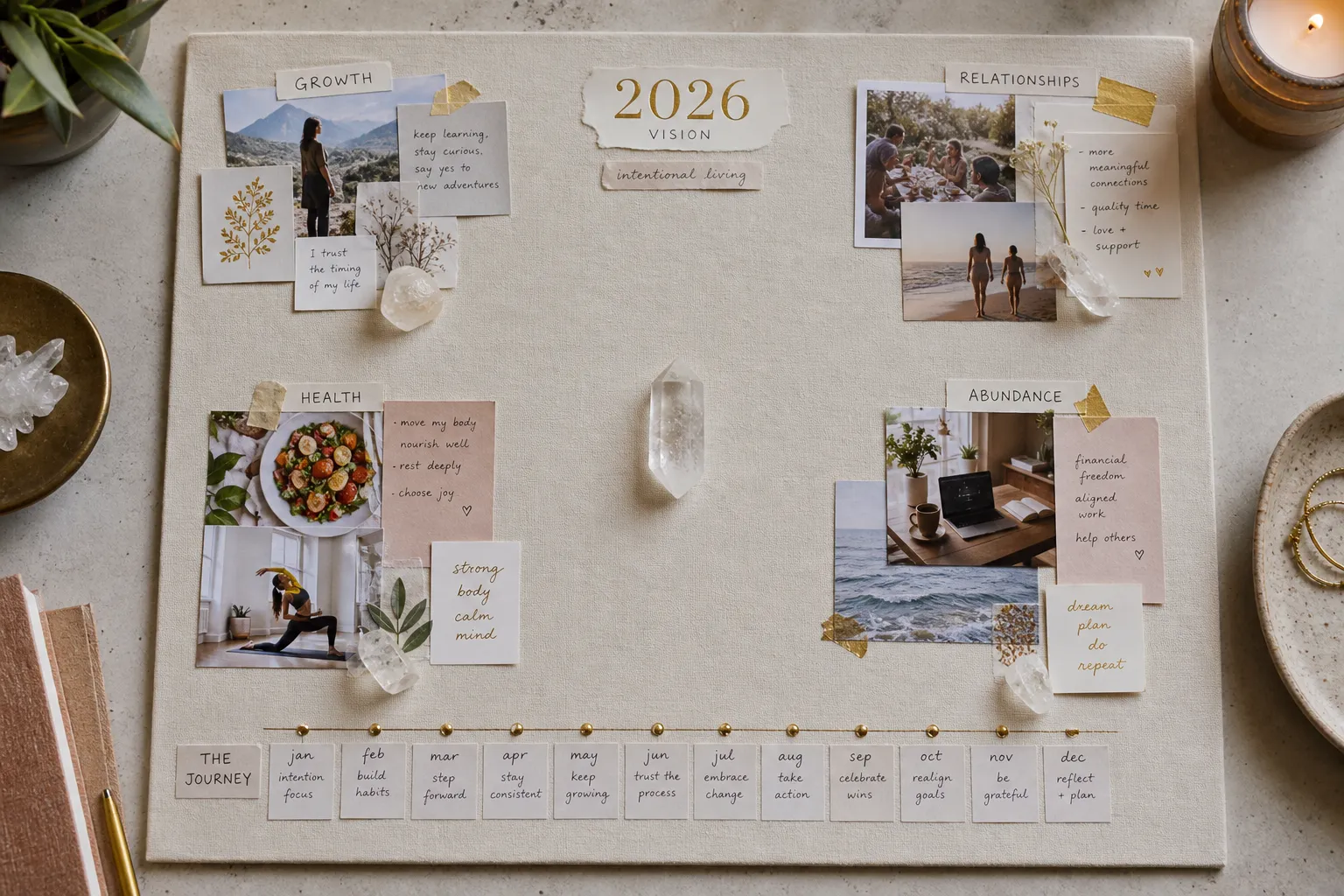A 2026 vision board layout with a center clear quartz anchor, corner life areas, timeline markers, and priority image cues