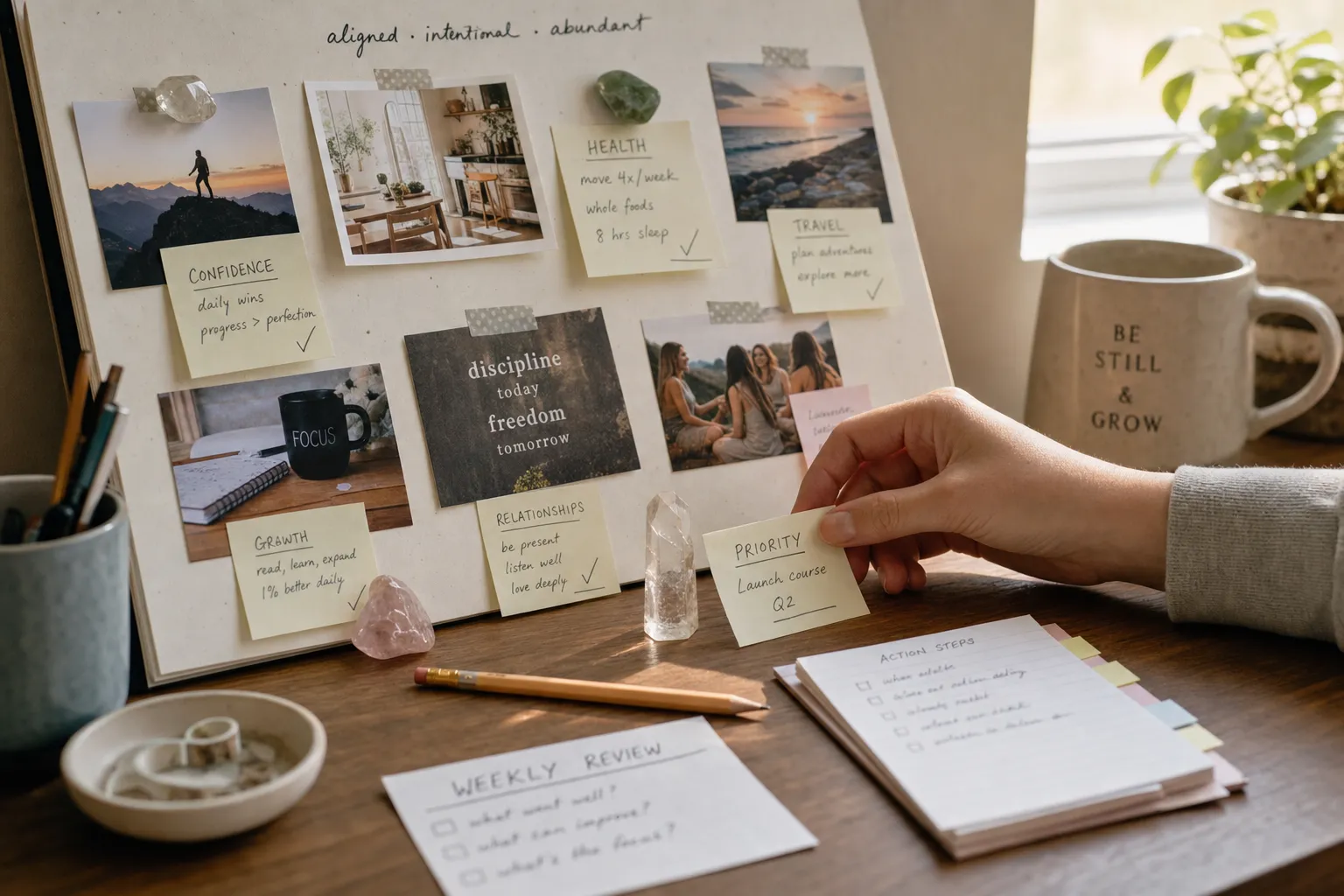 A practical 2026 vision board review setup showing labeled crystal anchors connected to small actions and removable priority notes