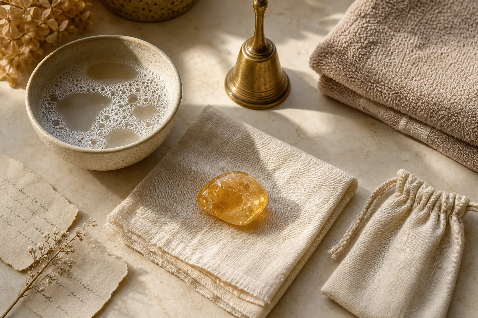 Citrine on a soft cloth beside a bowl of warm soapy water and a small bell showing separate care tasks