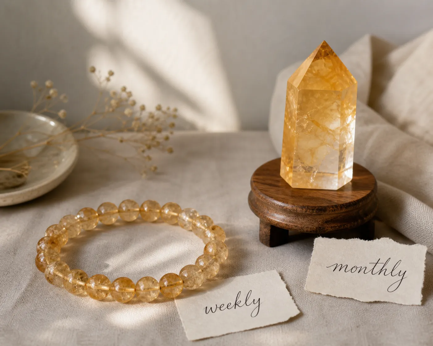 A citrine bracelet and a shelf display piece arranged beside a monthly and weekly care note