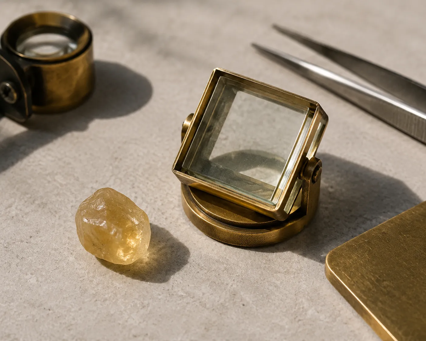 A calcite dichroscope beside yellow quartz on a neutral gem table.