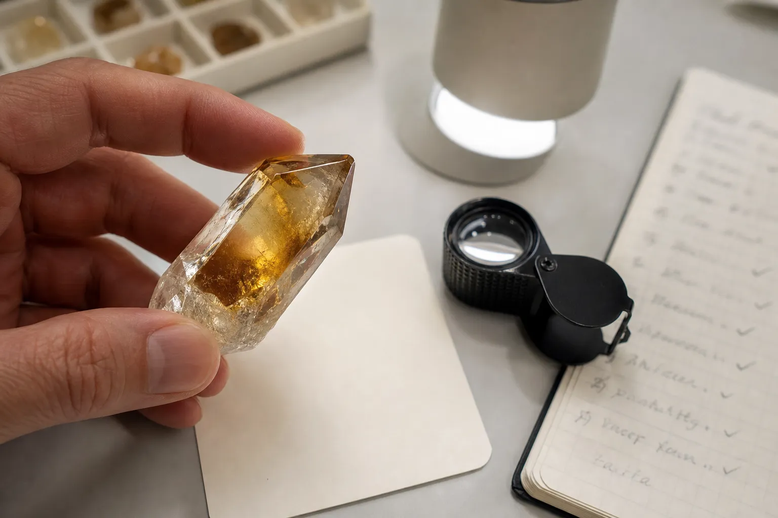 Citrine viewing setup with neutral light, pale background, and a loupe for checking color placement