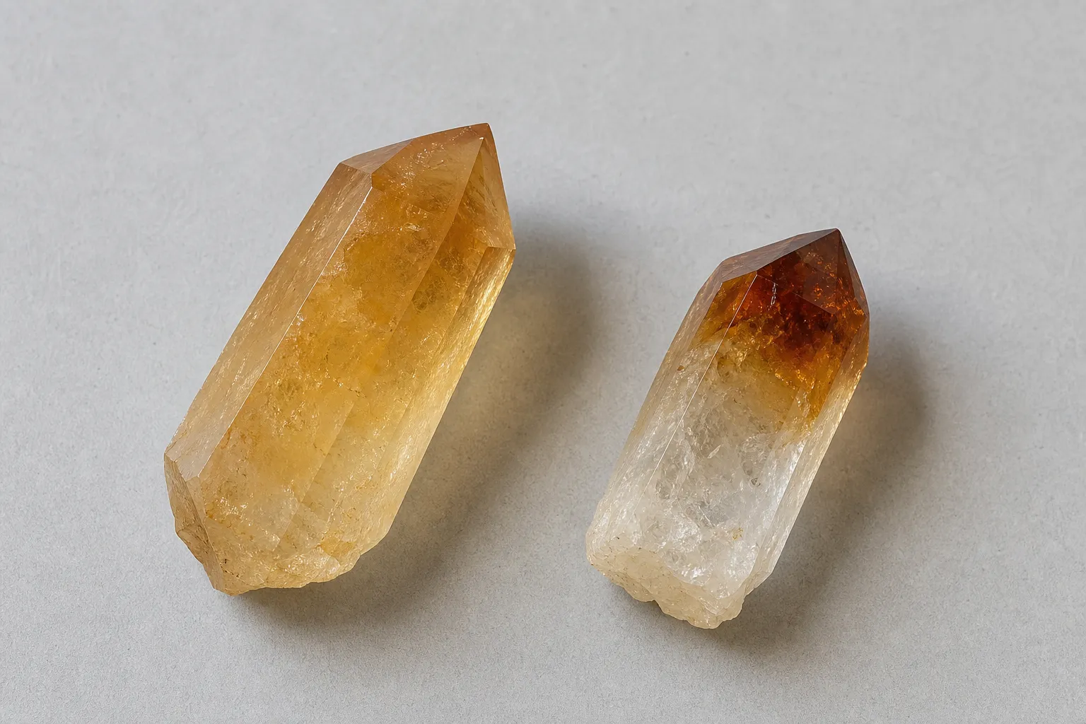 Citrine points compared by smooth color fade and abrupt dark tip concentration