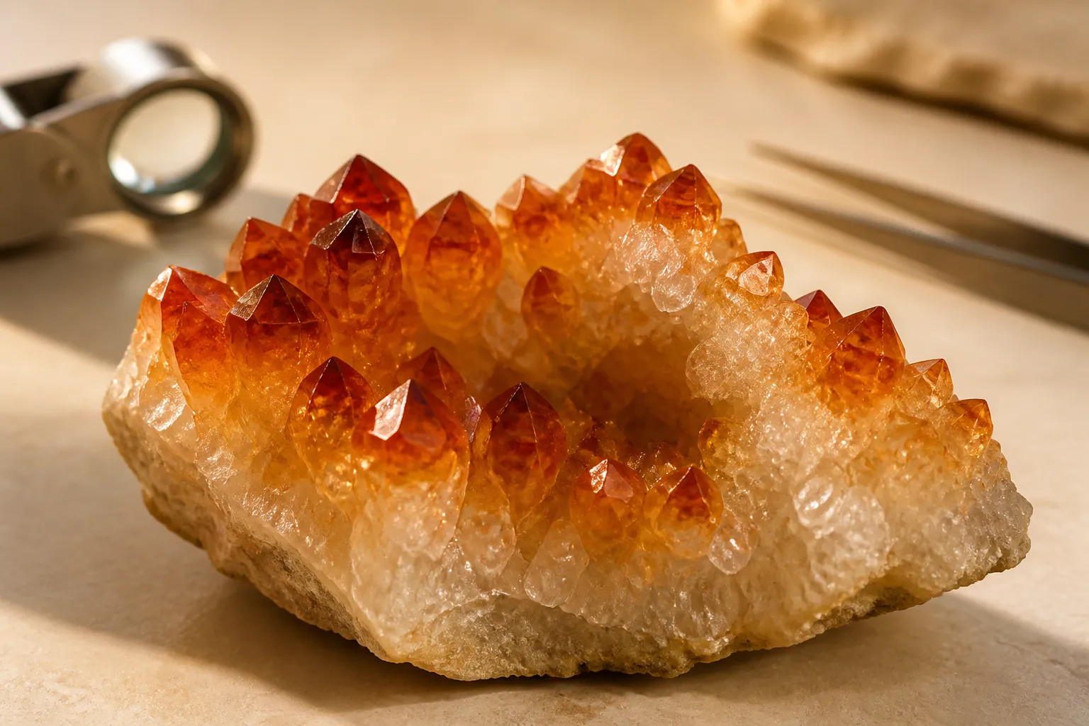 Orange quartz cluster with white base and orange tips shown as a visual red flag for possible heat-treated amethyst