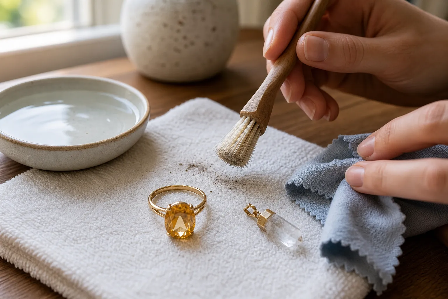 Citrine jewelry being cleaned gently after loose dust and grit are loosened instead of dry-rubbed into the surface