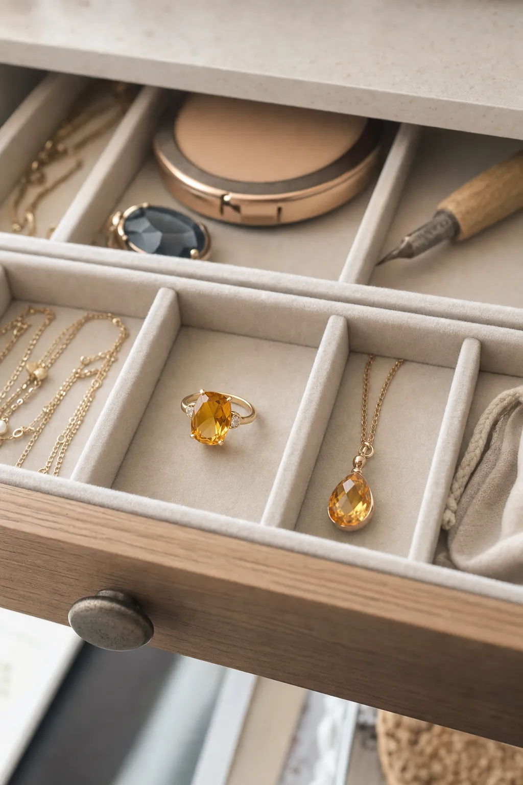 Separate lined jewelry storage keeping citrine away from chains, harder stones, cosmetics, and dusty surfaces