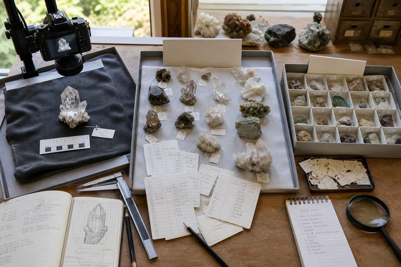 Crystal collection grouped into individually significant specimens, mid-value pieces, and low-value study stones for insurance planning