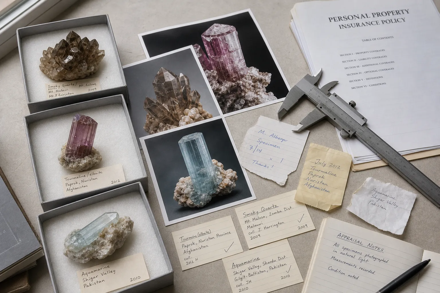 Rare crystal collection records arranged with photographs, receipts, appraisal notes, and item identifiers for insurance review