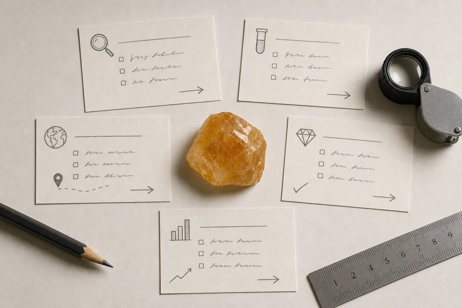 Citrine claim components separated into material identity, treatment status, origin, condition, and market evidence