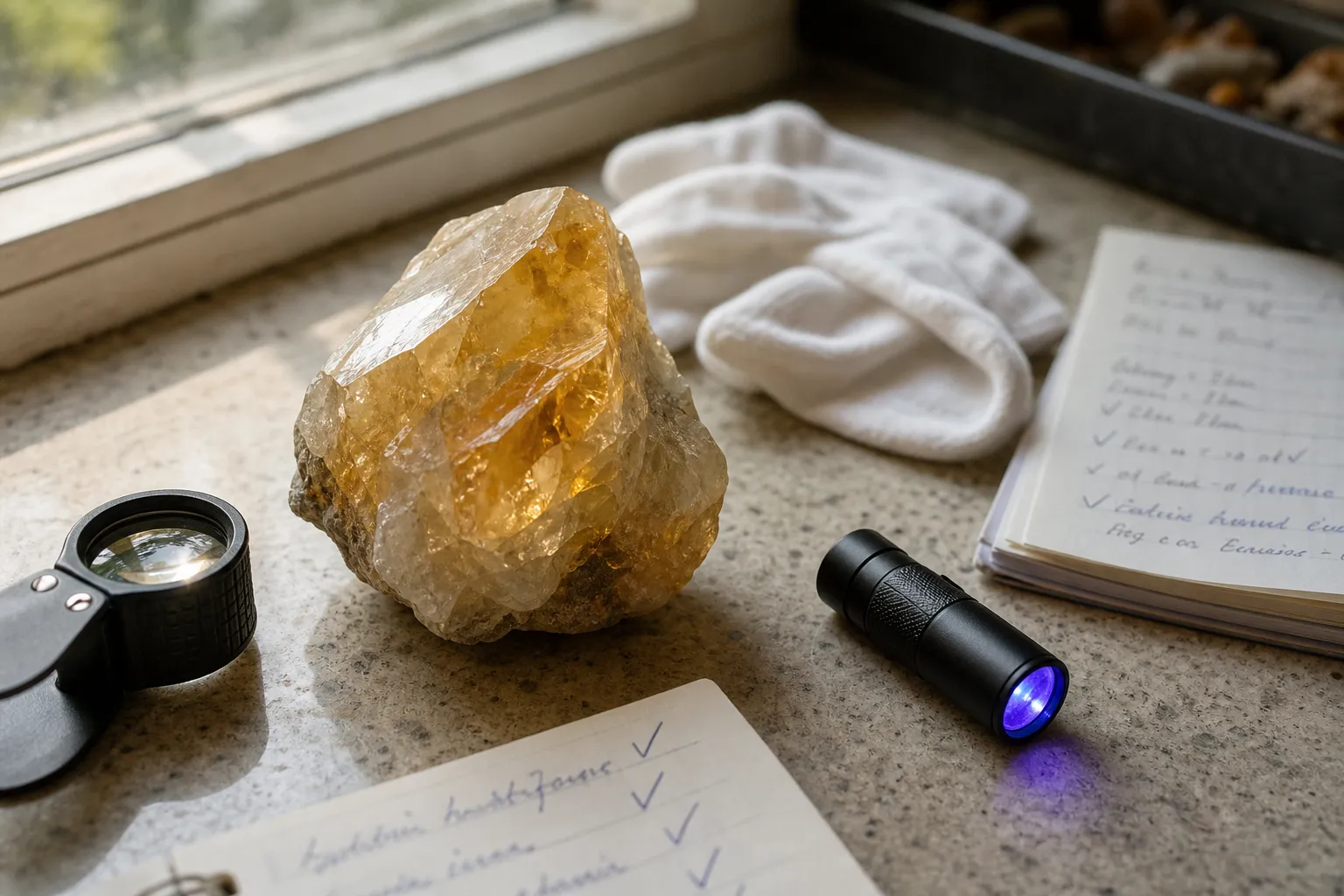 Unpolished yellow-orange citrine specimen being checked beside written disclosure notes