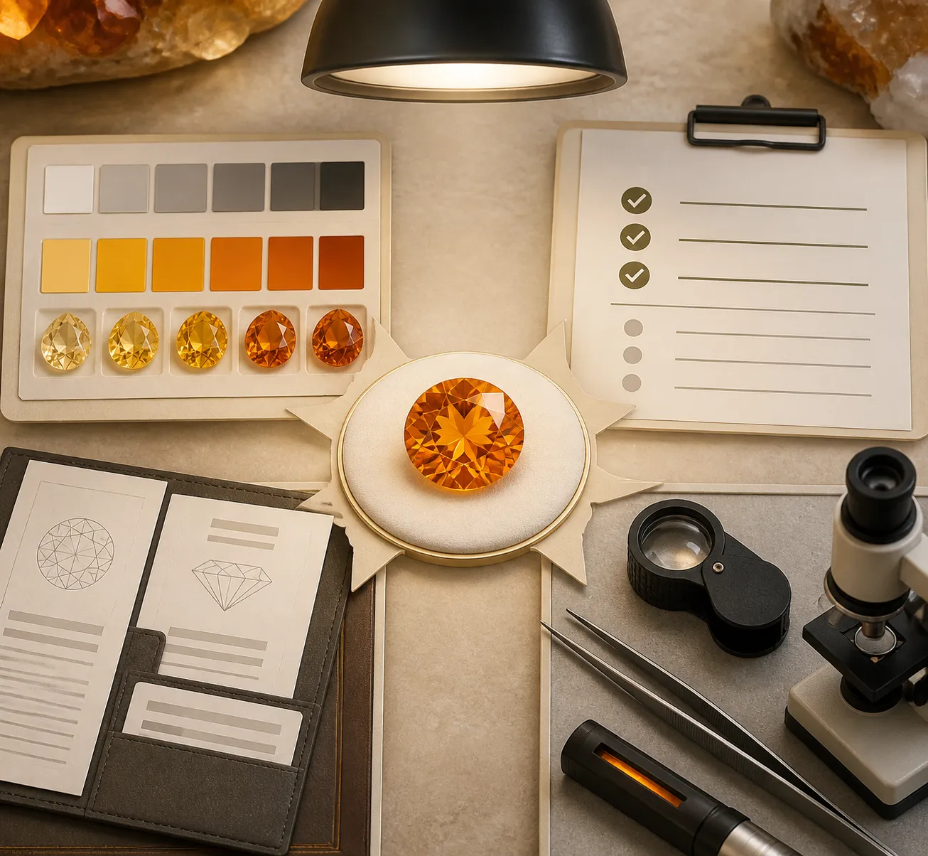 Citrine listing review scene emphasizing color, treatment disclosure, documentation, and verification as separate checks