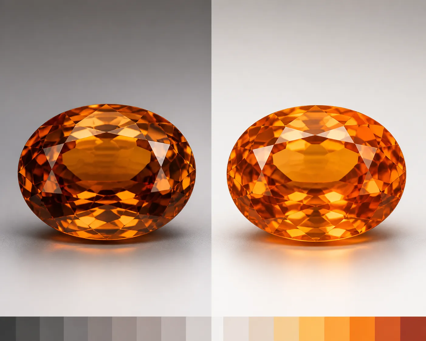 Side-by-side citrine color comparison showing deeper Madeira orange beside brighter Palmeira orange