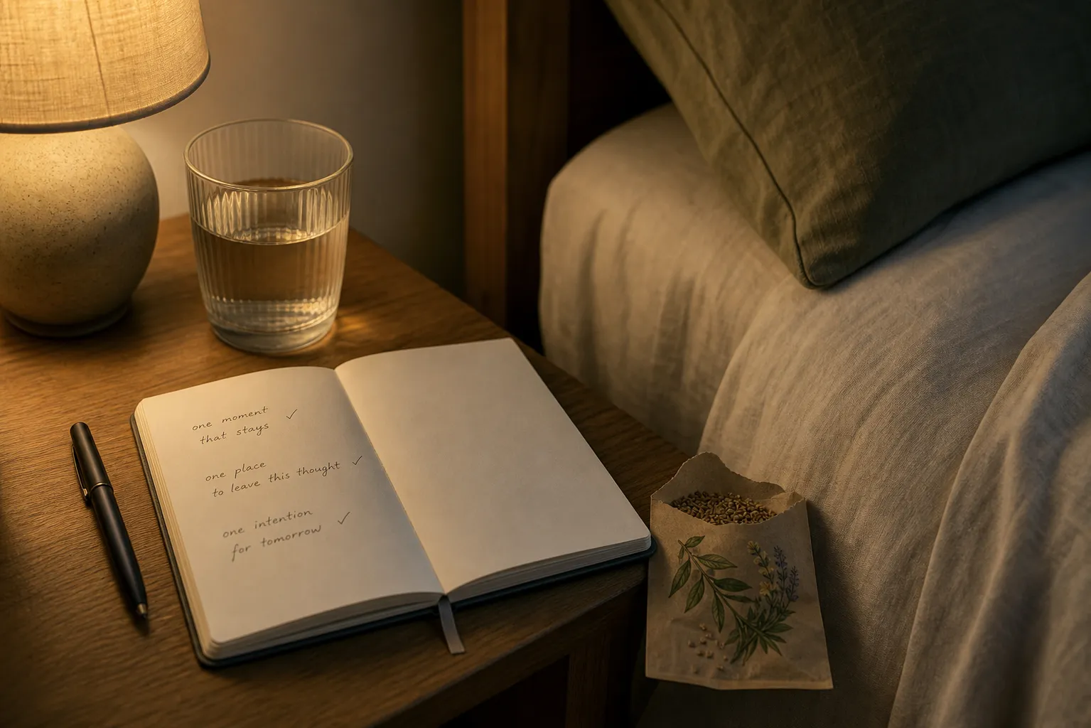 A quiet bedside notebook used to sort one memory, one placement, and one gentle intention before sleep