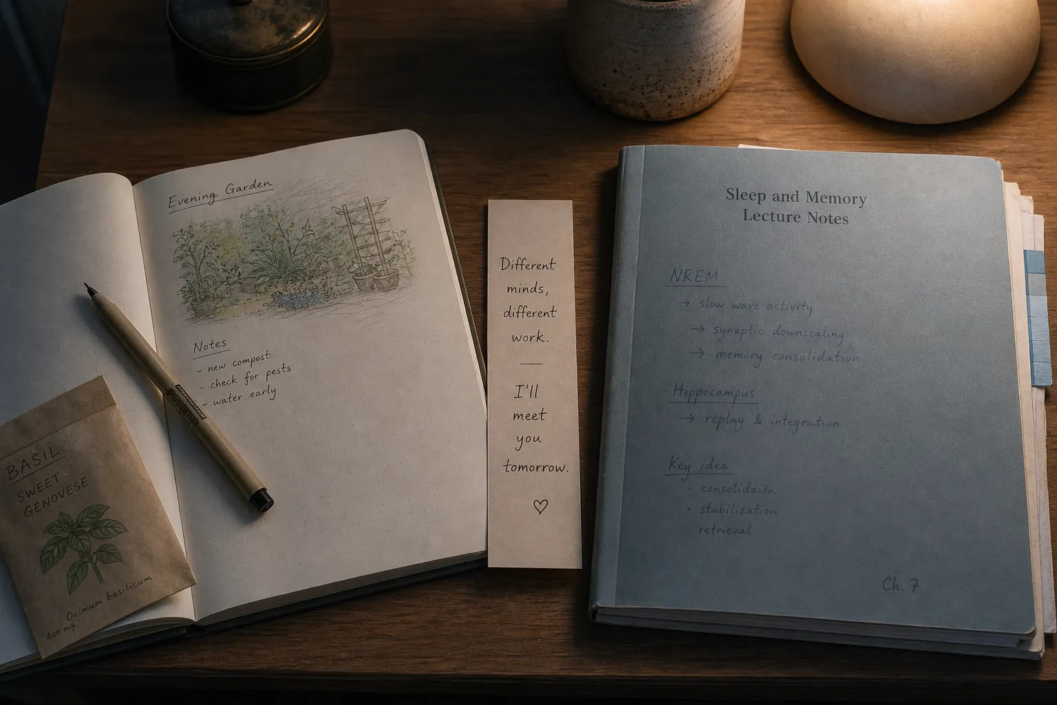 A bedside reflection practice shown with a clear boundary between gentle journaling and unsupported sleep science claims