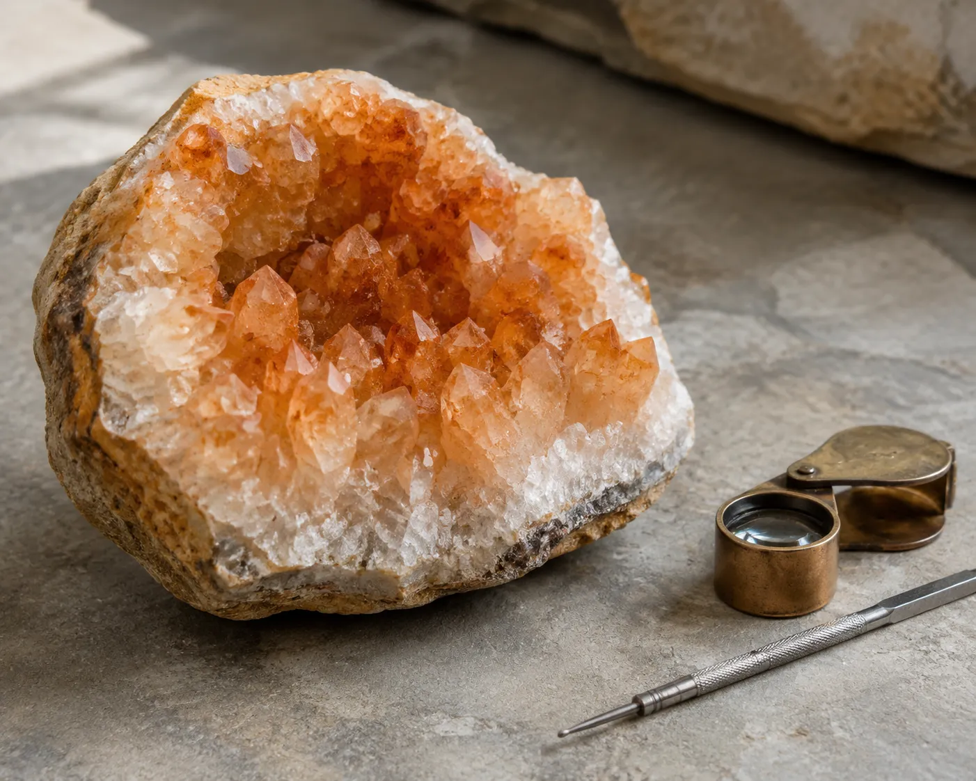 Large orange quartz geode specimen being examined beside a loupe and neutral stone surface