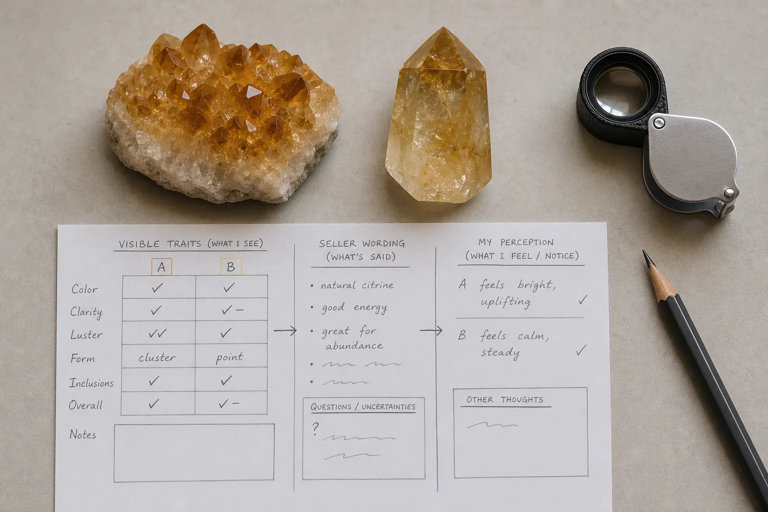 Citrine comparison notes separating visible traits seller wording personal perception and unsupported frequency claims