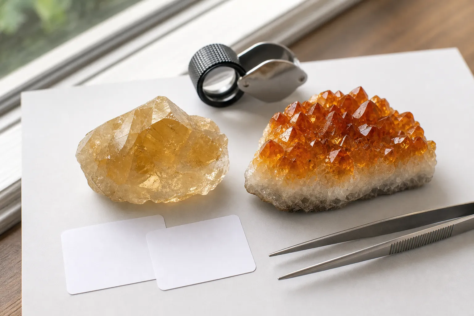 Natural pale honey citrine beside vivid orange heat-treated citrine for a bounded energy comparison