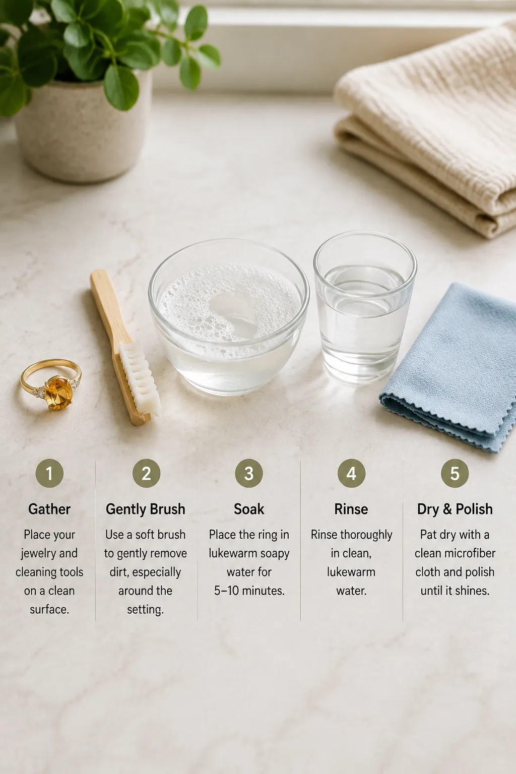 Gentle quartz jewelry cleaning routine with a soft brush, mild soap, water, and a clean microfiber cloth