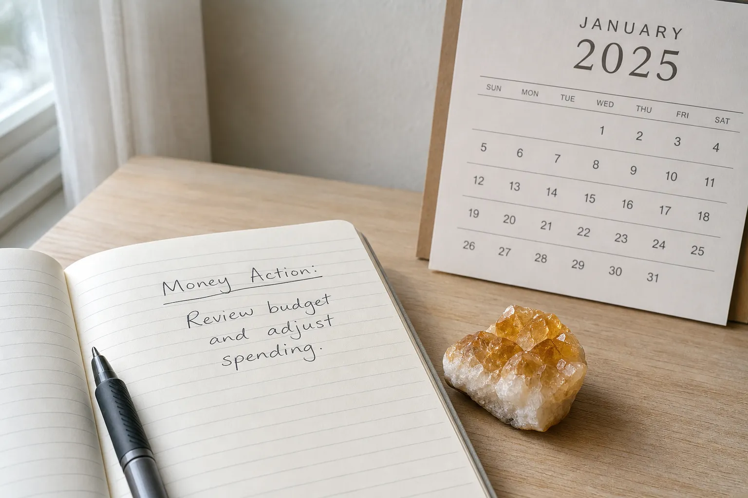 A citrine stone placed beside a notebook and one written money action for a New Year reset