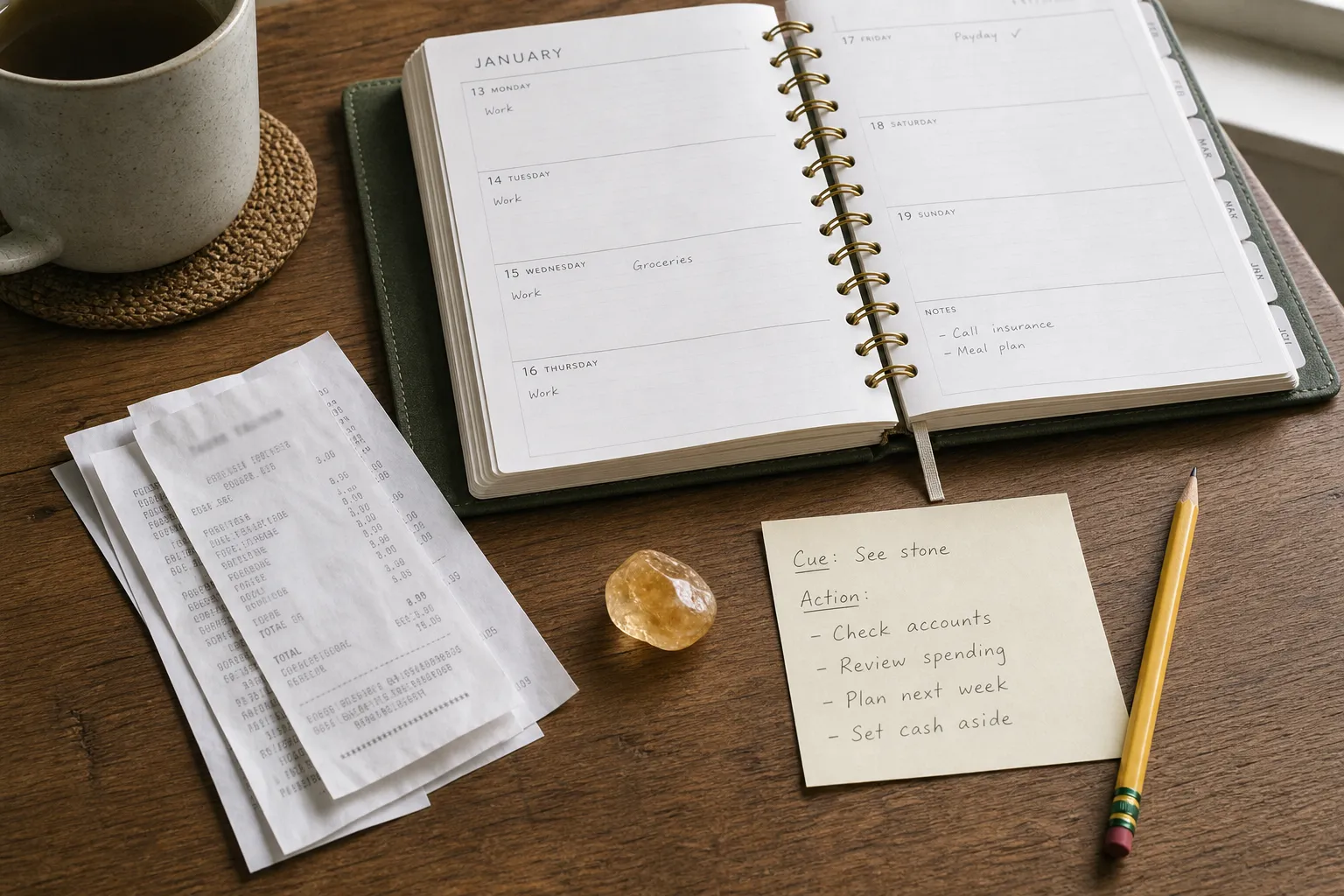 A small stone placed near a planner, receipts, and a written cue-action plan