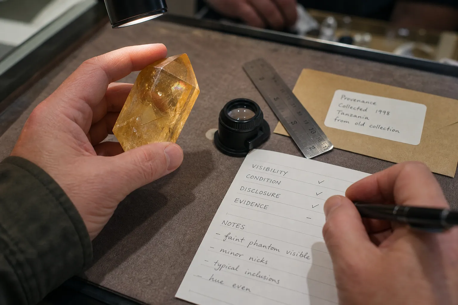 Citrine appraisal review comparing a visible phantom growth with notes on condition, provenance, treatment disclosure, and buyer demand