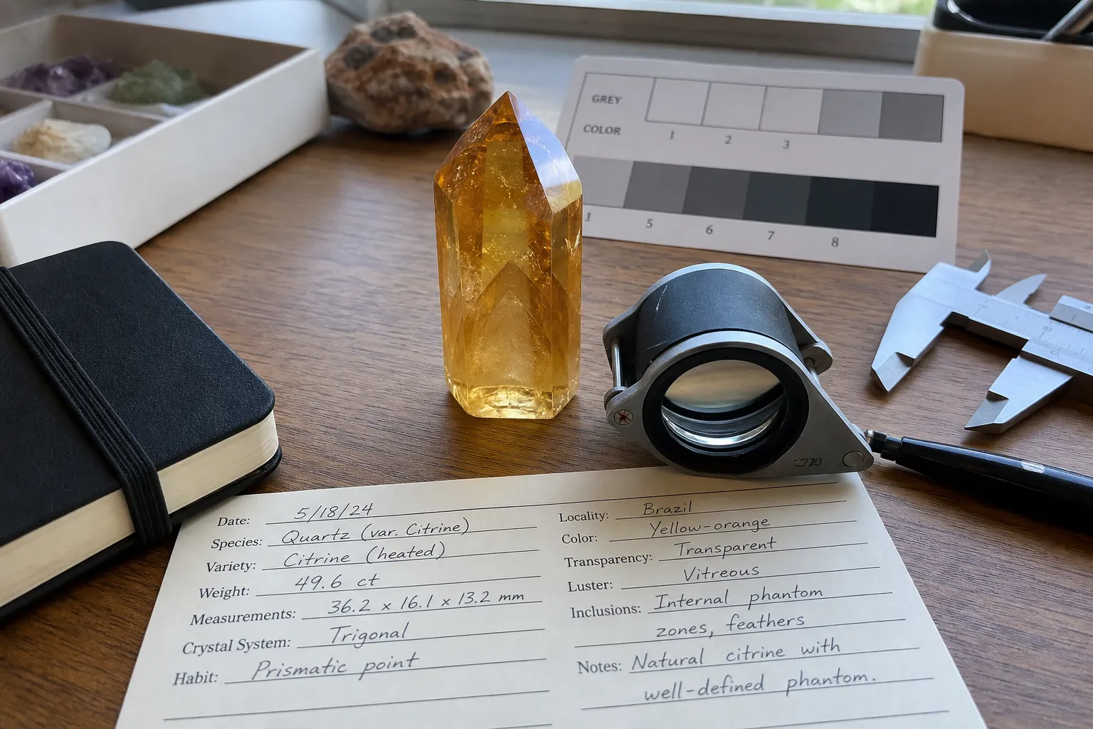 Citrine specimen with a visible internal phantom growth considered alongside color, clarity, condition, and documentation