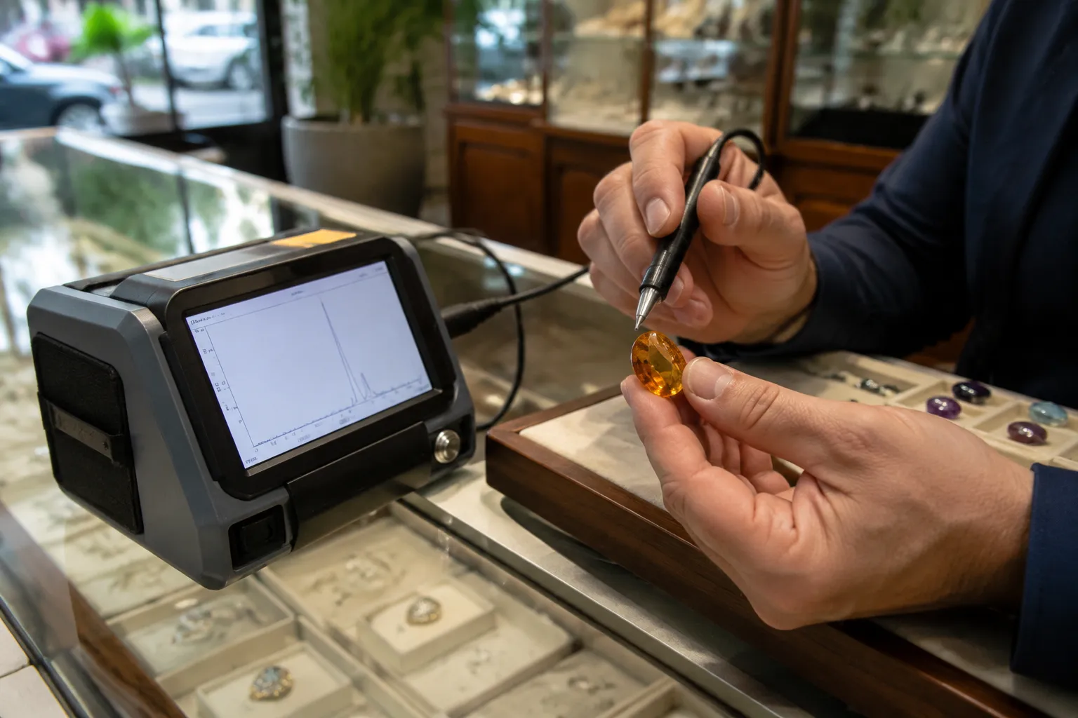A citrine sample being assessed beside a portable infrared screening setup at a retail counter