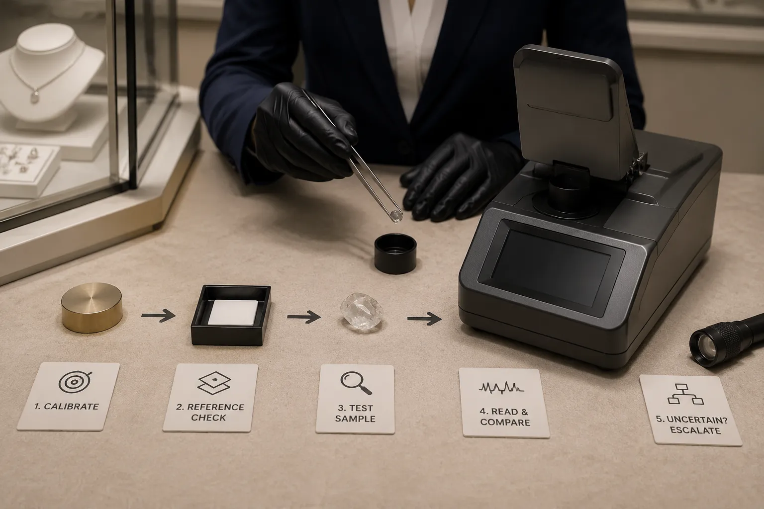 A retail screening workflow showing calibration, reference comparison, sample handling, and escalation points
