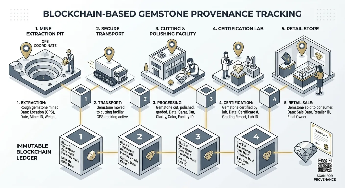 Abstract visualization of a blockchain-based traceability ledger linking GPS coordinates from extraction pit to cutting facility, rendered as a clean technical infographic
