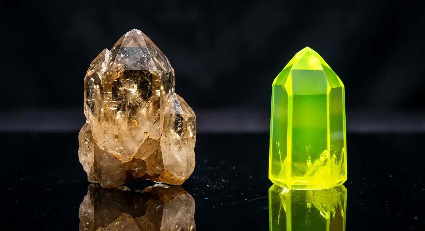 Side-by-side comparison of natural champagne quartz vs lab-irradiated neon yellow quartz