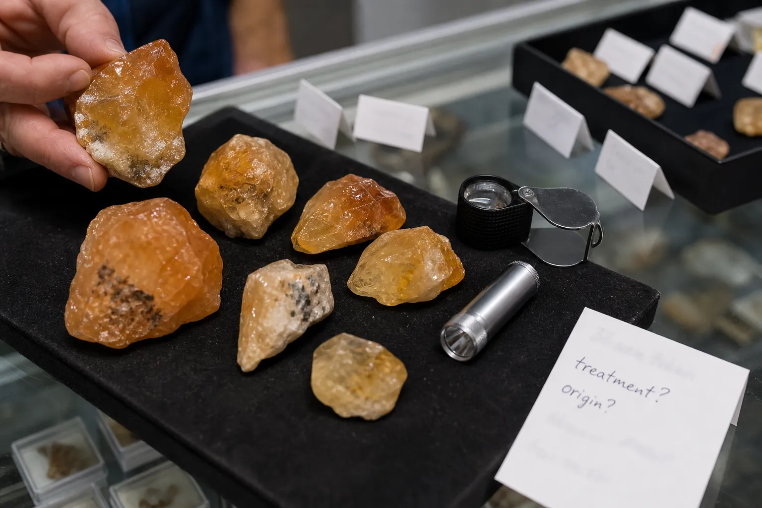 Buyer verification scene showing raw citrine labels, treatment questions, and quartz specimens being reviewed before purchase