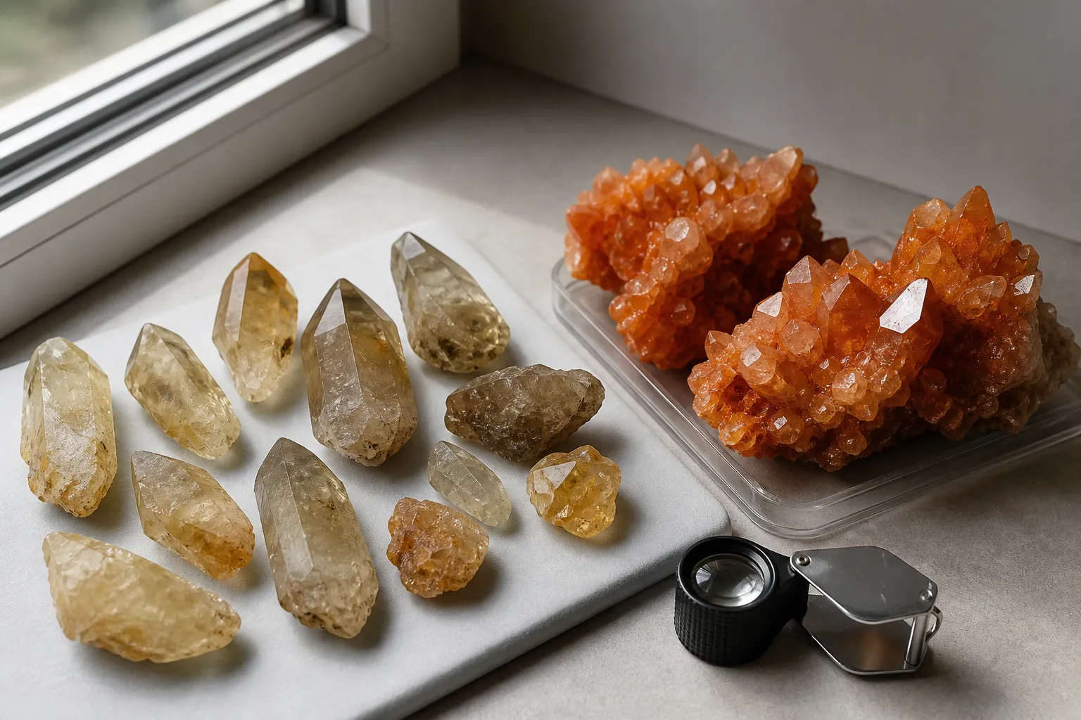 Raw yellow and orange-brown quartz pieces arranged to compare likely natural citrine clues with heated material clues