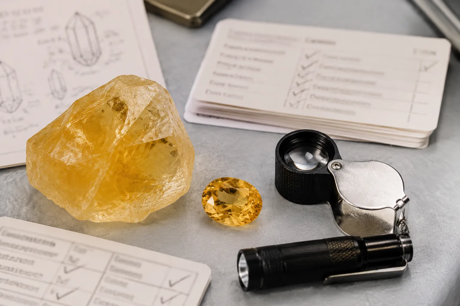 Raw crystal surface details compared with disclosure notes and polished stone finish cues