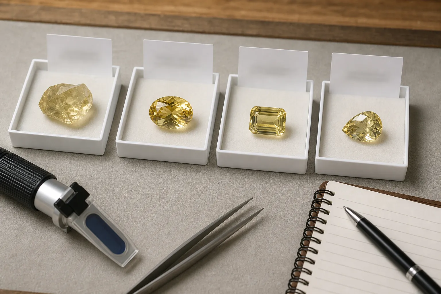 Yellow quartz, yellow topaz, scapolite, and glass compared as possible yellow gemstone candidates for RI interpretation