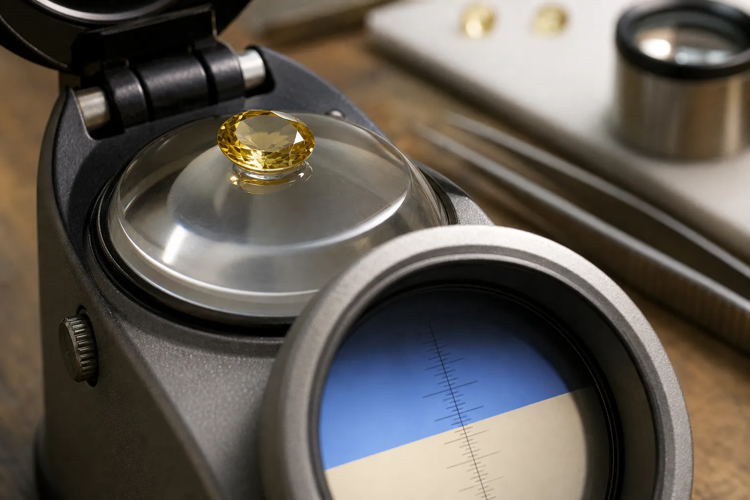 A yellow gemstone facet being checked on a refractometer for a light and dark boundary reading