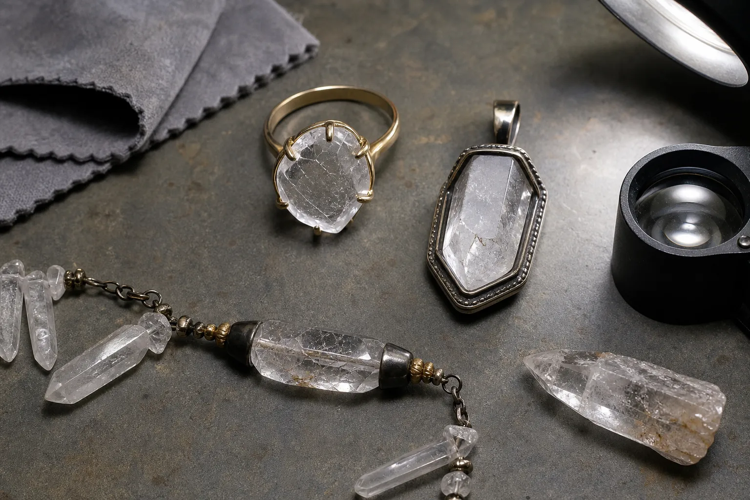 Quartz jewelry and mixed-material pieces under steady light, showing settings, glue areas, coatings, and cracks to check before water cleaning