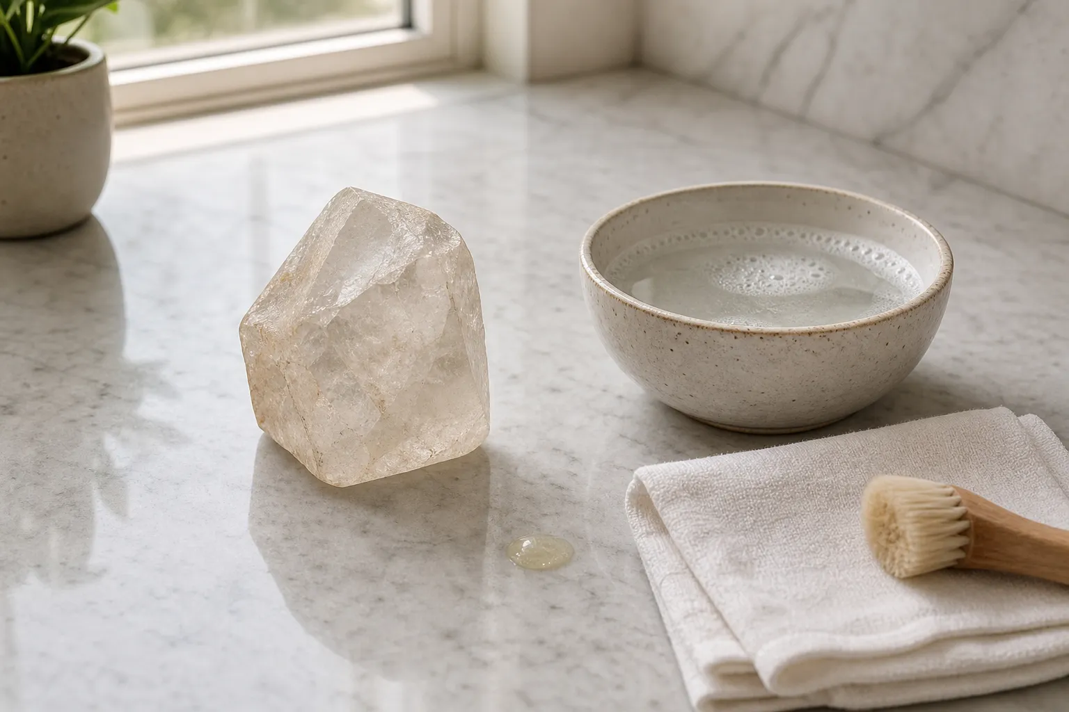 Plain quartz beside a small bowl of warm soapy water, mild detergent, a soft cloth, and a very soft brush for cautious cleaning