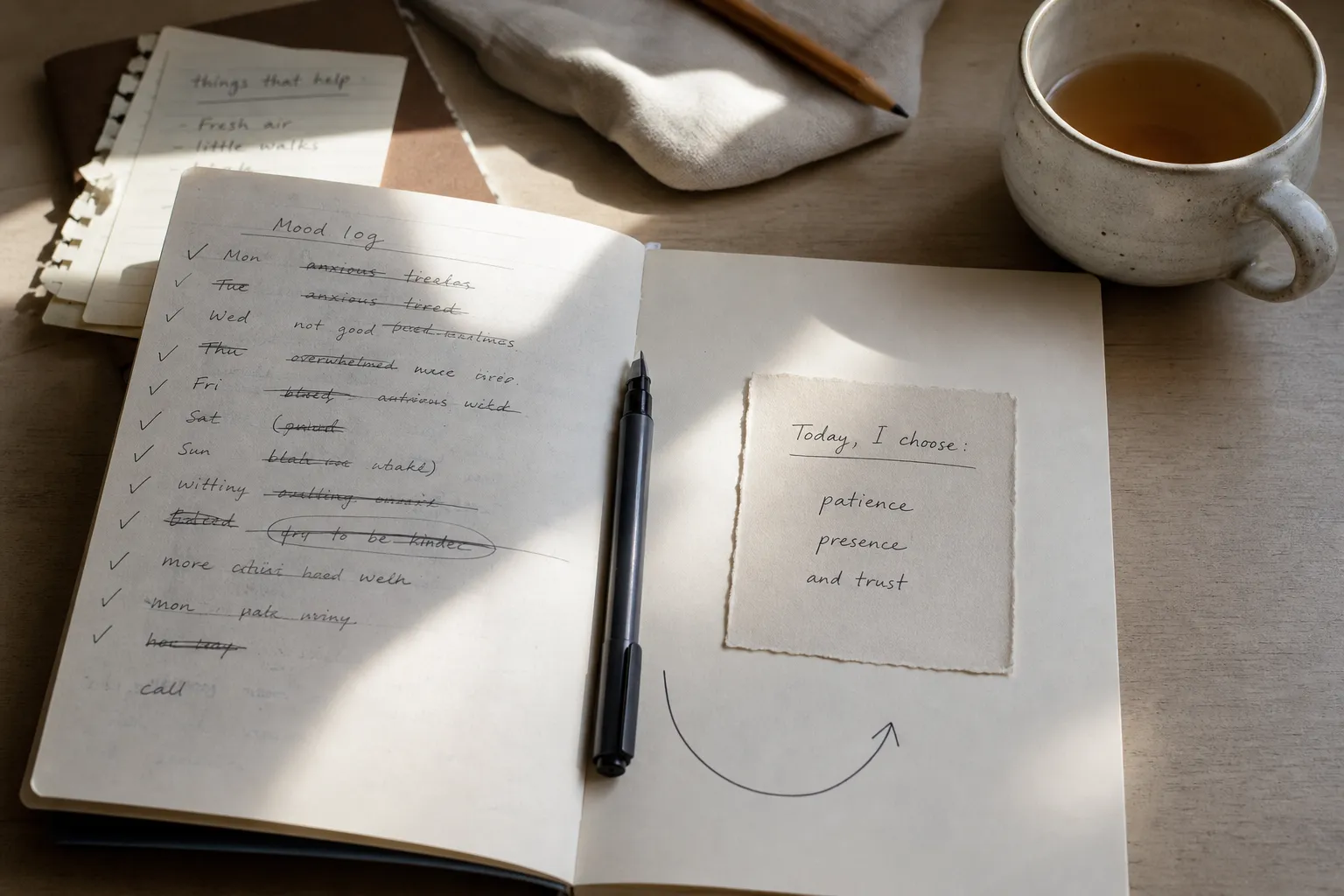 A calm desk scene comparing strict inner correction with a gentler return to intention